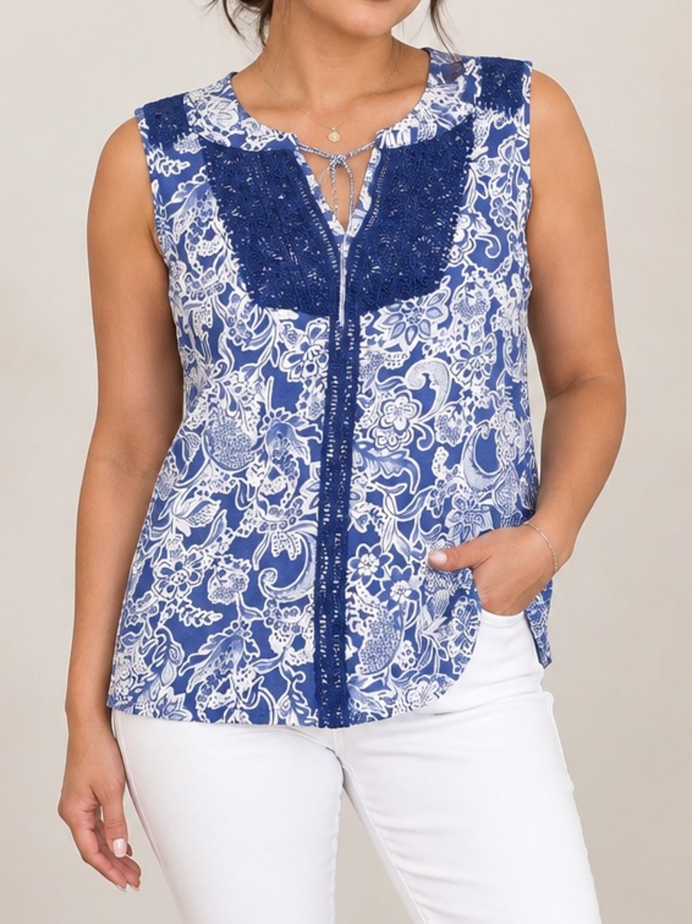 Rafaella Navy and White Paisley Lace-Trim Sleeveless Top